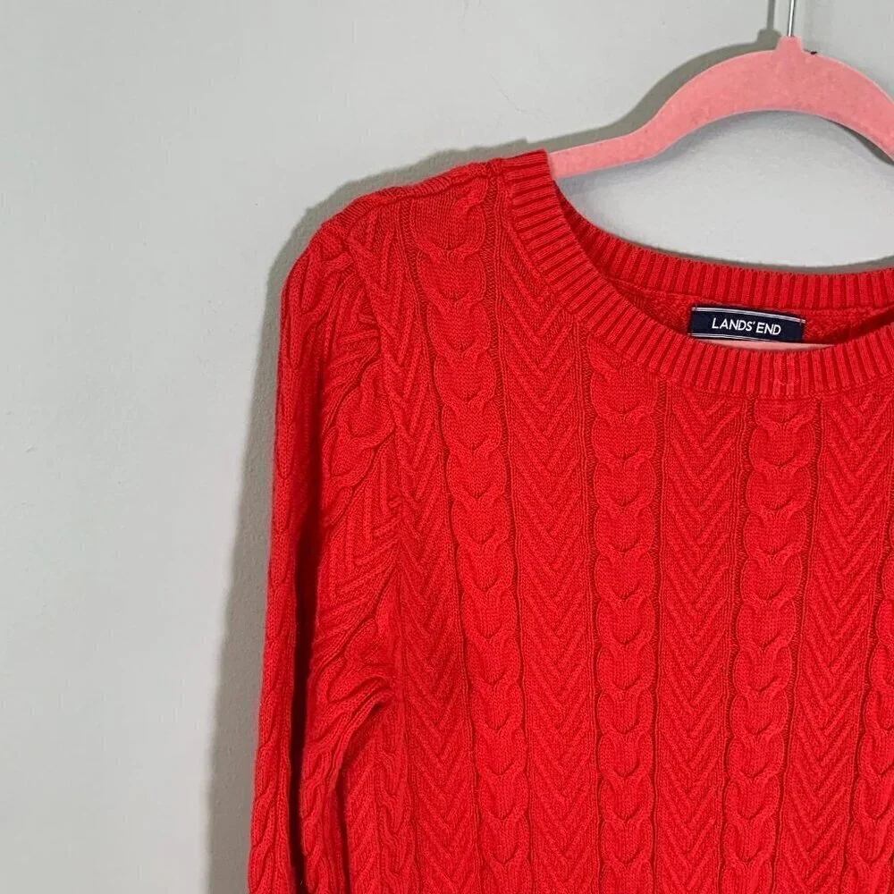 Lands' End Womens‎ Red Cotton Cable Knit Crewneck Sweater Size Small 6-8